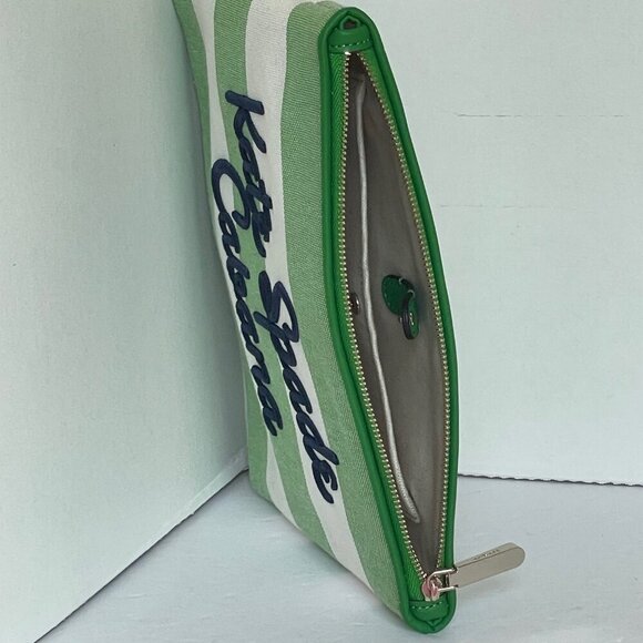 Kate Spade Cabana Green Stripe Pouch Medium Canvas Zip Clutch Cosmetic Bag - Picture 5 of 8